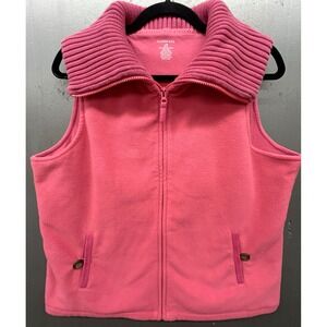 Lands End Vest Women L Pink Fleece Collared Pockets Hiking Athleisure Preppy‎